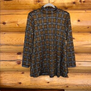 John Mark EUC Mock Neck Plaid Tunic Top Size Medium in Brown/Gray Combo